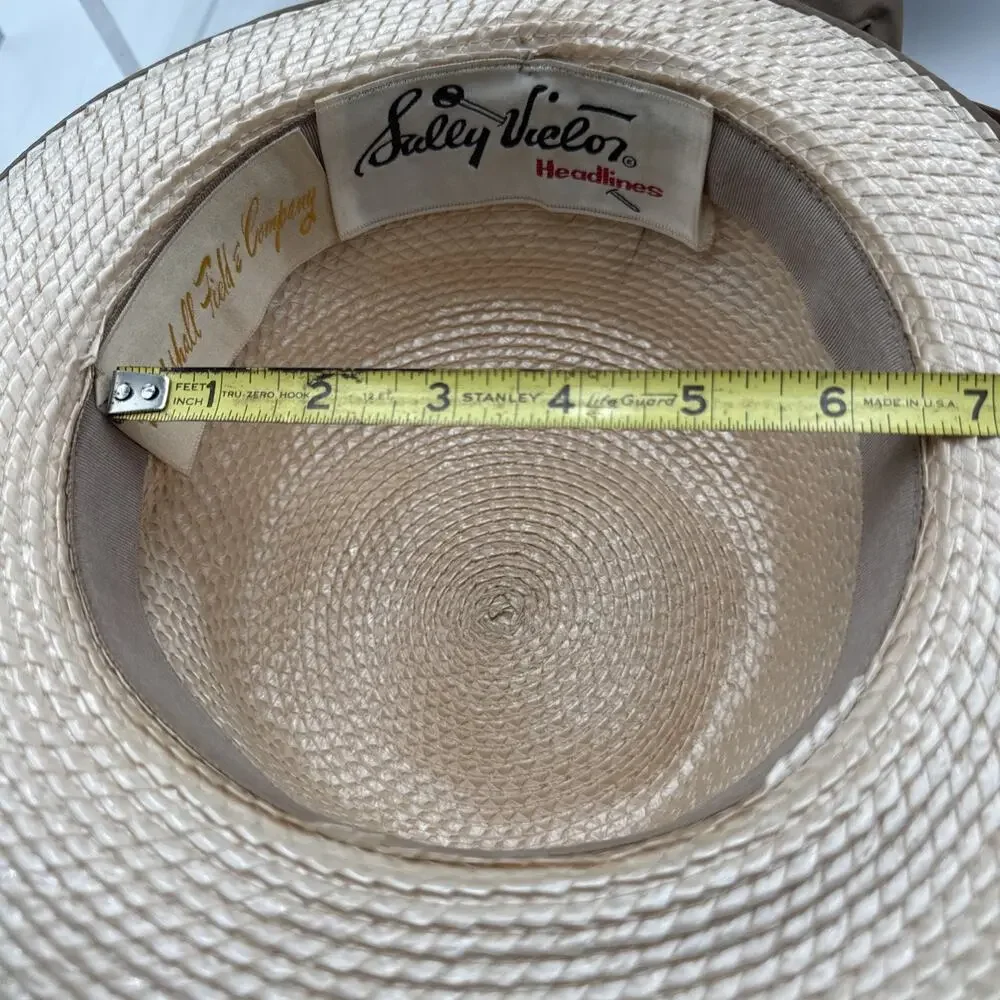 Vintage Sally Victor Headlines Women’s Straw Hat – Brown & Cream with Ribbon Bow